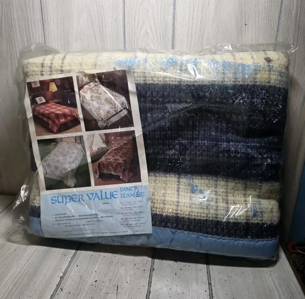 Vtg Super Value by Beacon Satin Trim Blanket Twin/Full Blue White Plaid USA NOS
